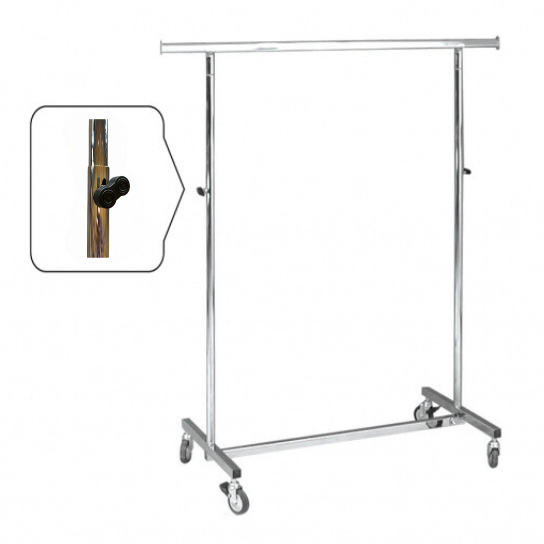 DittaDisplay Retail Solutions - Penderie en métal base en tube carré pliable sur charnières réglable en hauteur par vis roues de 8cm 2 freins Kleiderschrank aus Metall Basis aus Vierkantrohr klappbar auf Scharnieren höhenverstellbar durch Schrauben 8cm Räder 2 Bremsen Metal closet square tube base folding on hinges height adjustable by screw 8cm wheels 2 brakes